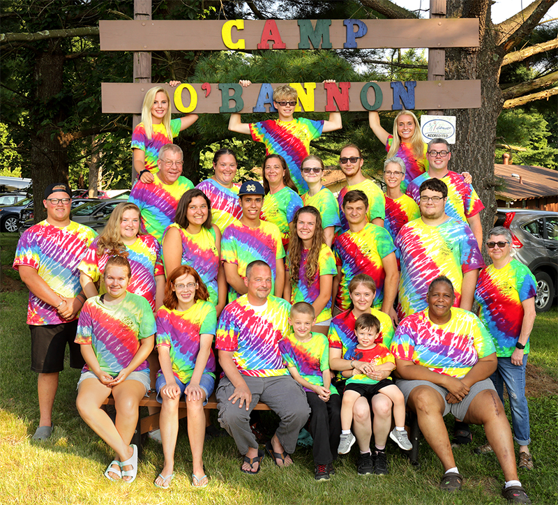 Camp O'Bannon Campers and Staff wearing tie-dye shirts